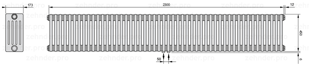 Схема (чертеж) Радиатор Zehnder Charleston 5045/50 №5410 Белый глянцевый RAL 9016